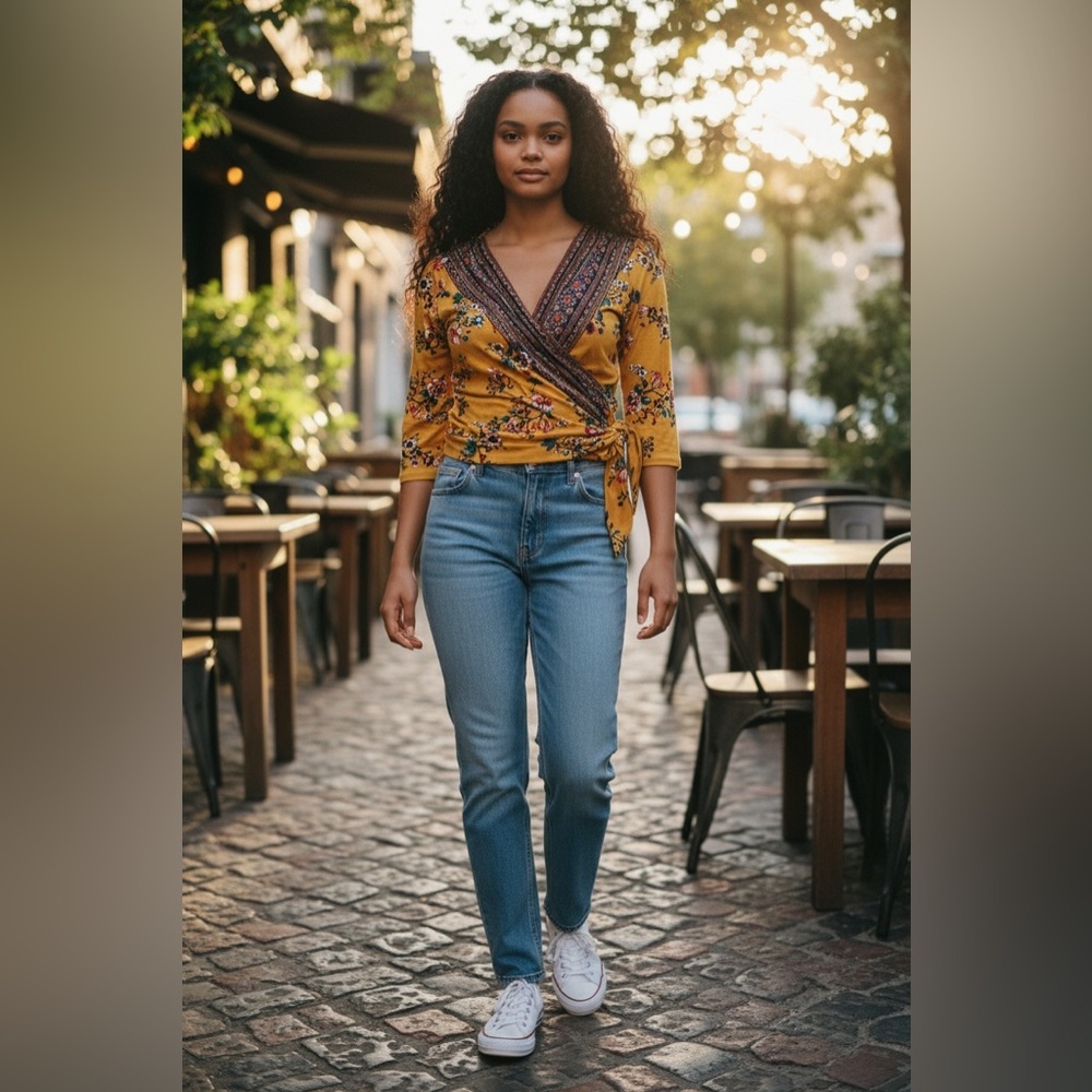 Loveappella Mustard Floral Wrap Top | Boho Tie Blouse